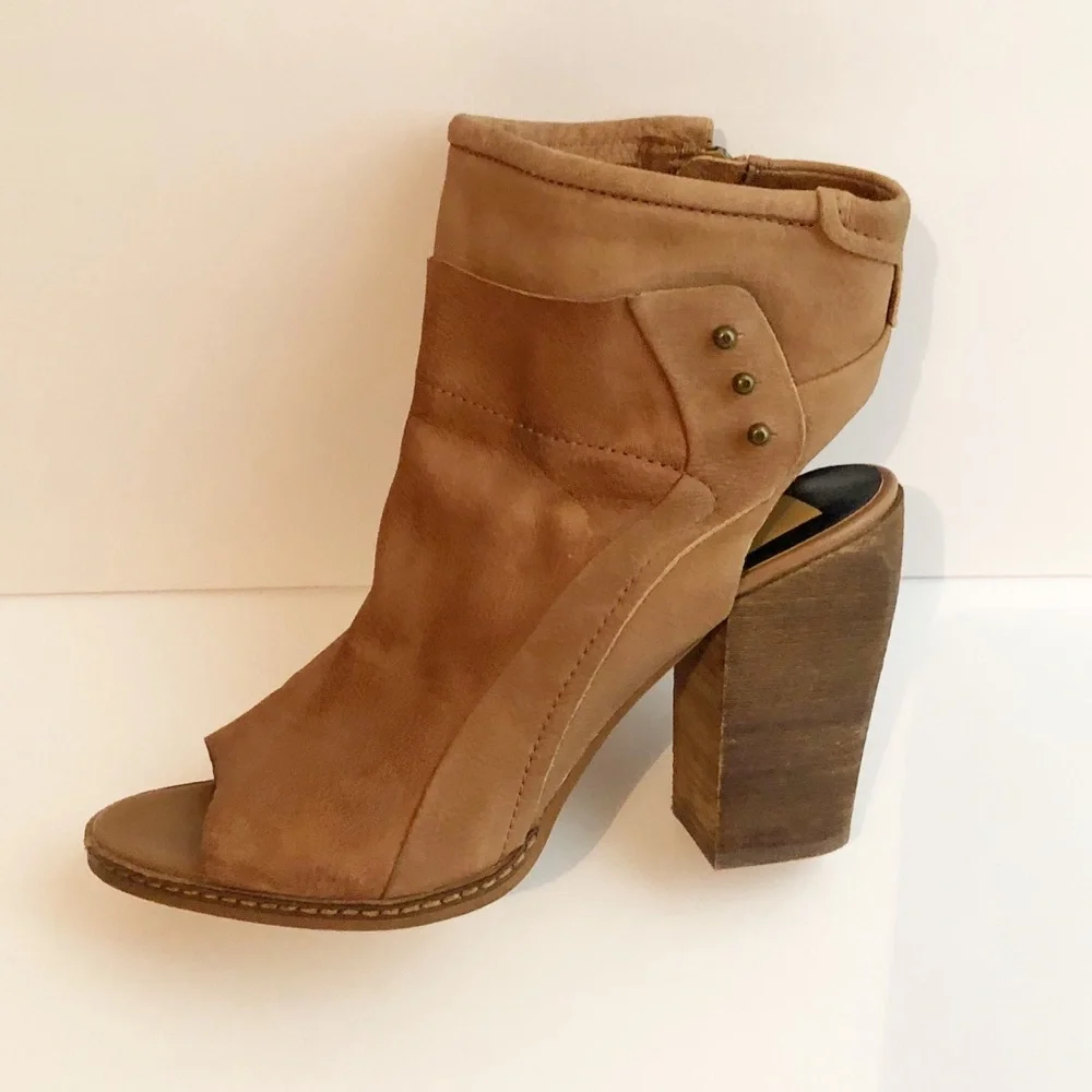 Dolce Vita Brown Open Toe Stacked Heel Booties 9.5 Faux Leather Boho Casual